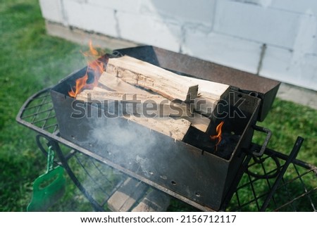 Firewood burns on a barbecue grill
