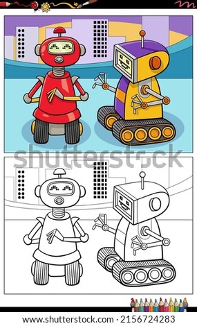 Cartoon illustration of two funny robots or droids comic characters group coloring book page