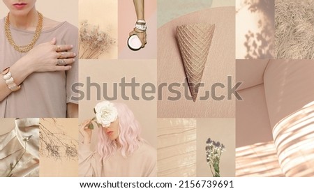 Set of trendy aesthetic photo collages. Minimalistic images of one top color. Beige moodboard