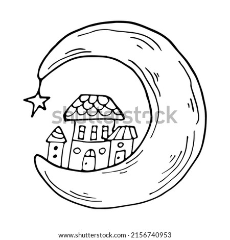 Black outline hand-drawn artwork of moon, star with cute houses and stars. Galaxy town vector illustration.