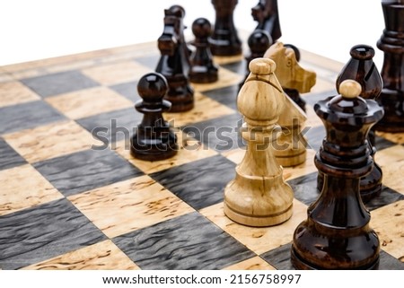 Beige Brown birch Wooden chess different pieces figures standing on chessboard. Close up game concept competition, Classic Tournament.