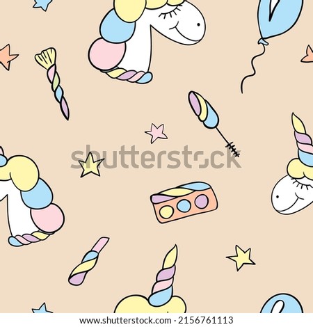 Seamless pattern vector with unicorns fanny cute cartoon style with cosmetics. Magic fairytale concept. Ideal for kids fabric, printing, decoration.
