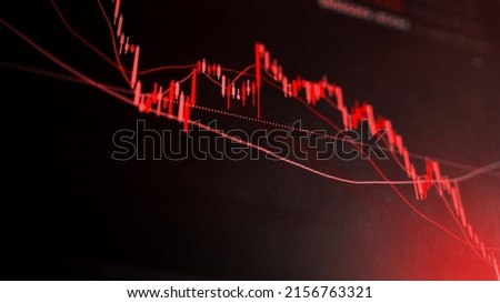 The red crashing market volatility of crypto trading with technical graph and indicator, red candlesticks going down without resistance, market fear and downtrend. Cryptocurrency background concept. Royalty-Free Stock Photo #2156763321