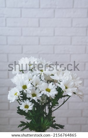 bouquet of daisies on a white brick background, copy space