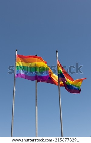 Three rainbow flags on poles as symbol for the LGBTQ community flutter in the wind against a straight blue sky