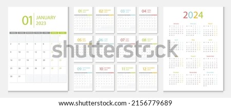 Calendar 2023, calendar 2024 week start Monday corporate design template vector. Royalty-Free Stock Photo #2156779689