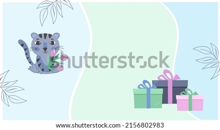Birthday card with tiger or cat and gifts. Bright flyer. Vector flat illustration. Banner concept idea. Birthday card with inscription. Poster, holiday party invitation.