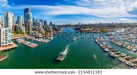 Panorama of aerial view of  Landscape of false creek in a sunny day in Vancouver, Canada