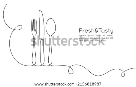 One continuous line drawing of food tools. Spoon fork and knife for decoration restoran menu ot banner in simple linear style. Hand drawn sign cafe. Editable stroke. Doodle vector illustration Royalty-Free Stock Photo #2156818987