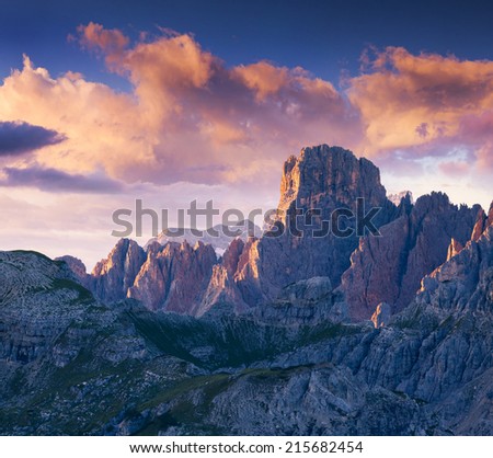 Colorful summer sunrise in Italy Alps, Tre Cime Di Lavaredo, Dolomites, Europe.
