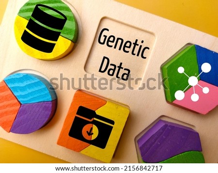 A design of colored blocks and icons with text genetic data on yellow background 