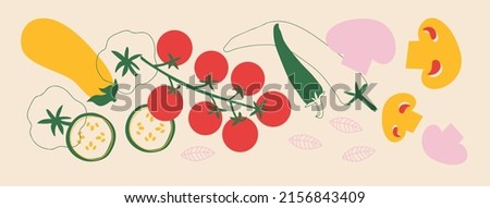 Cute appetizing Vegetables collection. Decorative abstract horizontal banner with colorful doodles. Hand-drawn modern illustrations with Vegetables, abstract elements. 