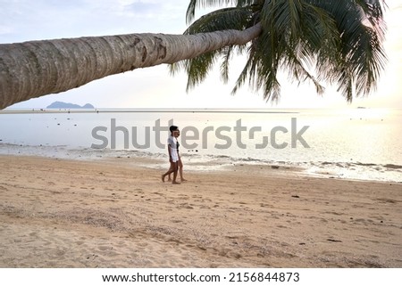 Lovers walking along a tropical beach during sunset