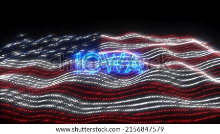 A waving flag of the USA with blue neon letters saying Iowa over a black background