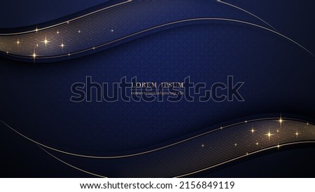 Luxury golden line wave with glitter light, and overlapping circles design on dark blue background. Vector illustration