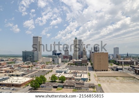 Tulsa Oklahoma Downtown Skyline Buildings Scattered Clouds Aerial View 02