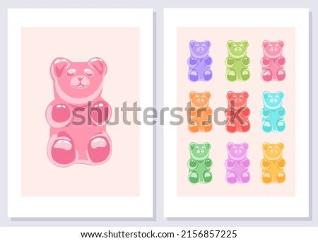 Abstract trendy aesthetic backgrounds set with Gummy Bears. Funky art prints. Danish pastel wall art. Preppy posters collection. Jelly Bears. Royalty-Free Stock Photo #2156857225