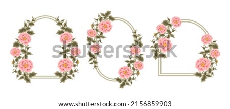 Beautiful and vintage hand drawn peach pink rosa canina flowers and green leaf frame arrangement template set for wedding invitation or greeting card Royalty-Free Stock Photo #2156859903
