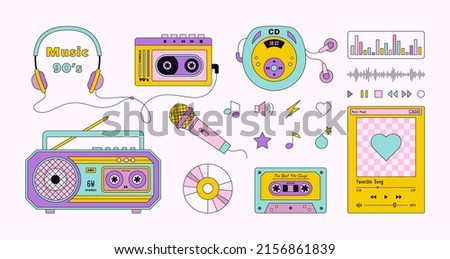 Music Set 90's in Pop Art Style. Vector Illustration Music Player, Headphones, Audio Cassette, CD Disk, Microphone, Boombox for Stickers, Logos, Prints, Patches and Social Media Royalty-Free Stock Photo #2156861839