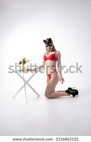 Girl in a cat mask and lace underwear. Studio portrait on white background