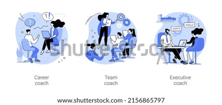 Business coaching isolated cartoon vector illustrations set. Business person talking with personal career coach, group people have conversation with specialist, executive training vector cartoon. Royalty-Free Stock Photo #2156865797