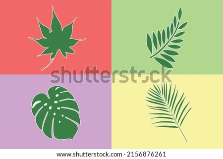 Various leafy graphics on four opposite colored backgrounds. as a vector for decoration or background