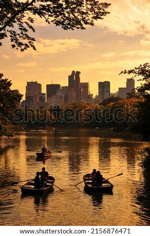 Row boats at sunset on a small lake at the Central Park, Upper West Side, New York City, NY, USA Royalty-Free Stock Photo #2156876471