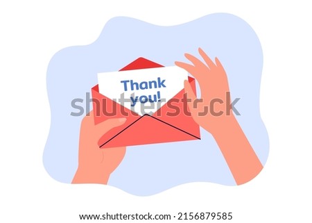 Hands opening thank you letter. Person taking card out of envelope flat vector illustration. Communication, correspondence, gratitude concept for banner, website design or landing web page Royalty-Free Stock Photo #2156879585