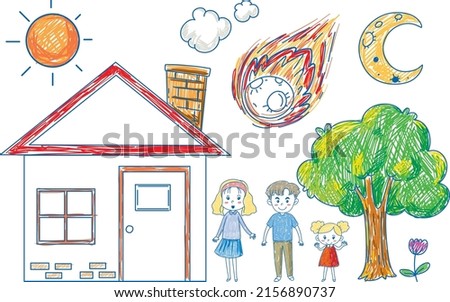 Kids hand drawn doodle family members and house illustration