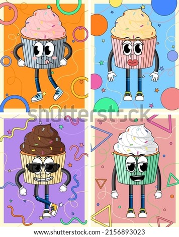Set of different funny cupcake cartoon characters illustration