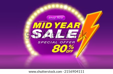 Mid year sale banner template design. Big sale event on the stage of the spotlight LED and neon lightning. Ads for web, social media, shopping online.