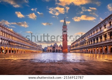 Venice, Italy at St. Mark's Square with the Basilica and Bell Tower at twilight. Royalty-Free Stock Photo #2156912787