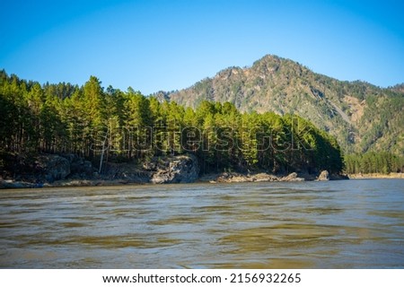 The Altay landscape with mountain river Katun and green rocks at spring time, Siberia, Altai Republic. High quality photo