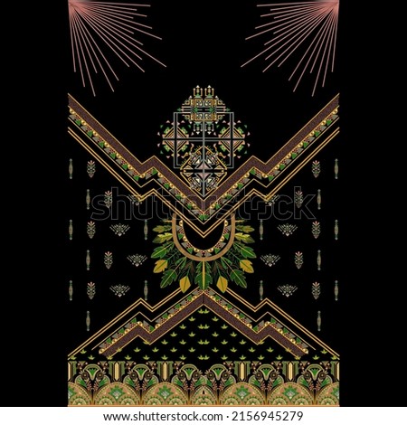 Geometrical embroidery all over design , with black background , Indian traditional mughal artwork lace border design, Trendy women wear fashion fabric design , digital and textile print on fabric
