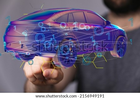A 3D rendered hologram of a car and binary code hovering with a tapping hand in the background