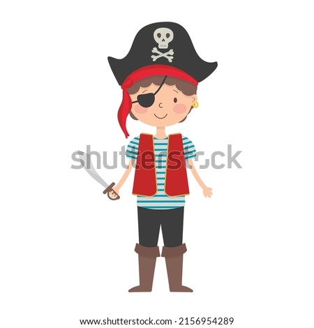 Cartoon smiling young pirate captain, with a sword in his hand and an eye patch.