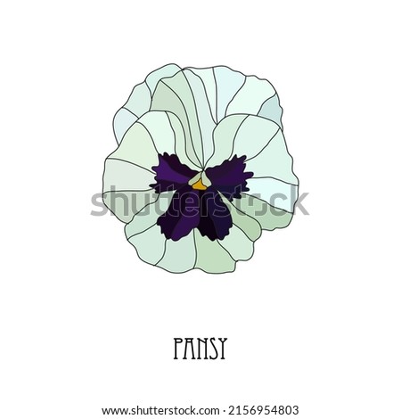 Decorative hand drawn white pansy, viola  flower, design elements. Can be used for cards, invitations, banners, posters, print design. Floral background in line art style