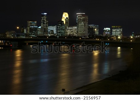 Minneapolis skyline at night with Mississippi River