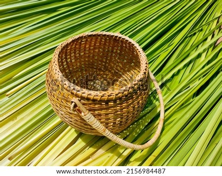 Hand-painted bamboo basket on green grass rural handicrafts village industrial object Royalty-Free Stock Photo #2156984487