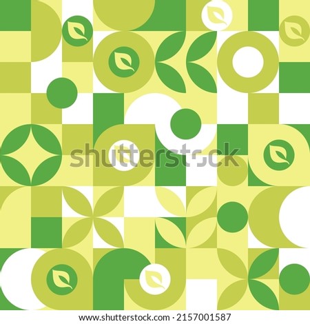 Bio label for ecological social projects, seamless pattern for green flowers eco packaging. Banner in natural style, mosaic of geometric white shapes. Royalty-Free Stock Photo #2157001587