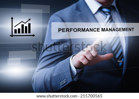business, technology, internet and networking concept - businessman pressing performance management button on virtual screens