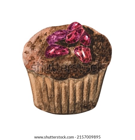 Muffin chocolate with cherry fruit. Watercolor hand drawn illustration isolated on white background