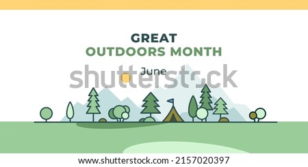 Great outdoors month. Vector web banner, poster, card for social media, networks. Text Great outdoors month, June. june. The image of a tent in the forest against the background of mountains Royalty-Free Stock Photo #2157020397