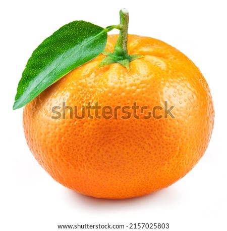 Ripe tangerine fruit with green leaf isolated on a white background. Organic tangerines fruits. Royalty-Free Stock Photo #2157025803