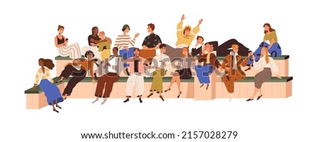 Diverse young people gathering for communication, relaxing outdoors. Modern community, group of friends, couples together, sitting on benches. Flat vector illustration isolated on white background Royalty-Free Stock Photo #2157028279