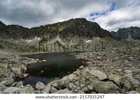 A beautiful shot of High Tatras mountain range with a small stream against a cloudy sky in Slovakia