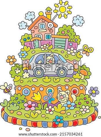 Fancy colorful sweet birthday cake decorated with a funny village house, a car, cats and flowers and butterflies on a sunny summer day, vector cartoon illustration on a white background