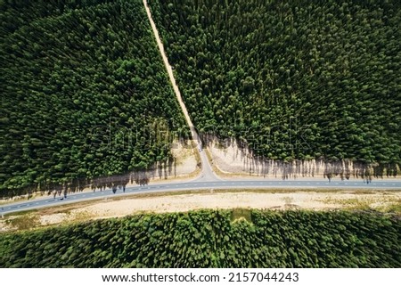 Top view of the asphalt road with a crossroads and dense green forests. Beautiful bright landscape photography with drone on a summer day