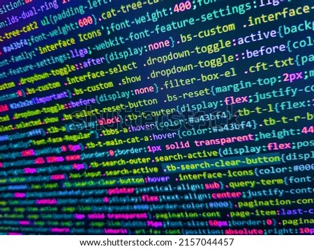 Closeup of Java Script and HTML code. Program code PHP HTML CSS of site. SEO optimization. Modern application Source abstract algorithm concept. Script procedure creating