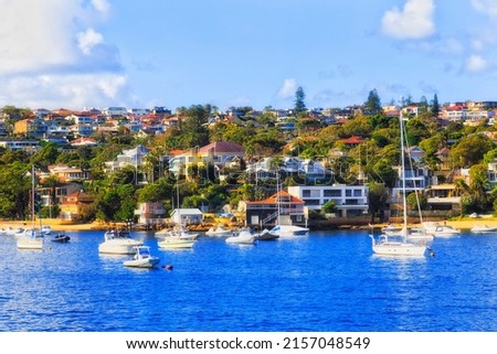 Vaucluse wealty suburb on Sydney Harbour waterfront around Double bay - residential houses view from ferry. Royalty-Free Stock Photo #2157048549